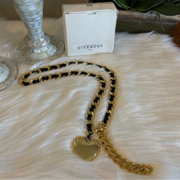 RARE Givenchy Heart Motif Chain Belt – Gold Tone & Black Leather – Serial P1029 - Picture 1 of 6